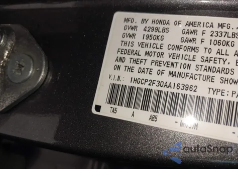 2010 Honda Accord 2.4 Lx z USA, uszkodzony, nr VIN 1HGCP2F30AA163962